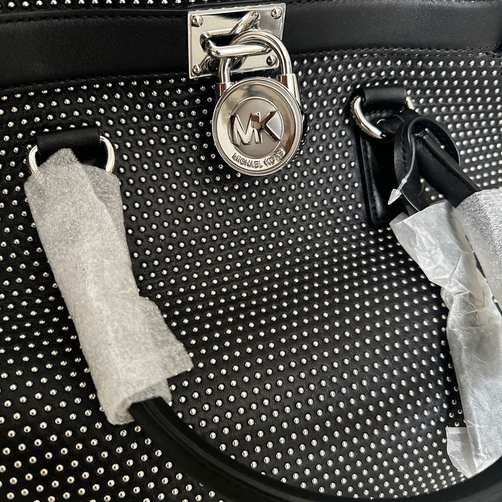 Michael Kors Black Studded Satchel with Silver MK Padlock
